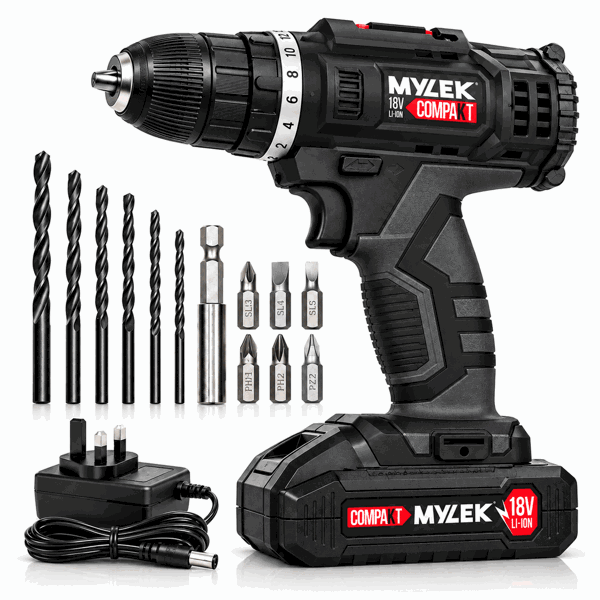 Mylek 18V Cordless Li-ion Drill And 13 Piece Accessory Set