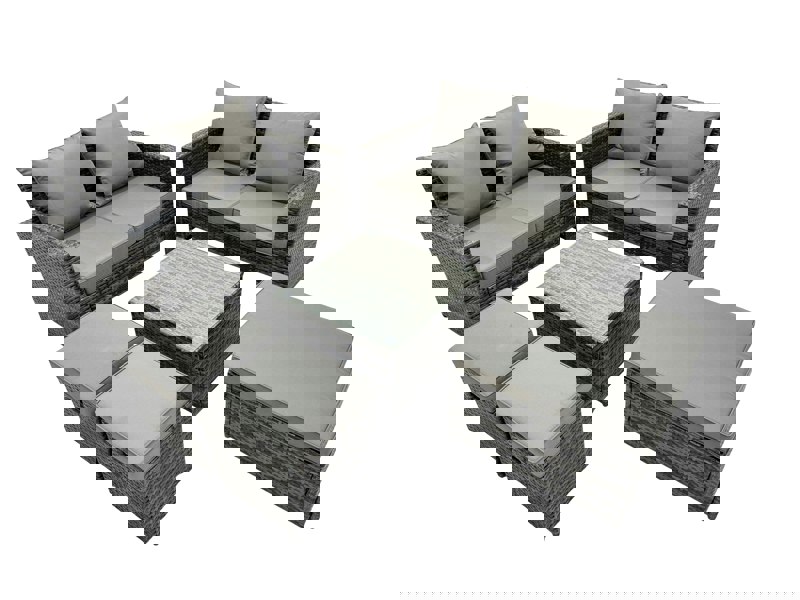 Fimous PE Rattan Garden Furniture Set Lounge Double Seat Sofa Coffee Table Set with 3 Stools Dark Grey Mixed