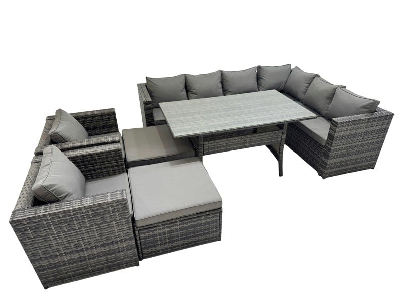 Fimous Rattan Garden Furniture Set Outdoor 10 Seater Patio Dining Corner Sofa Sets with Dining Table 2 Chairs 2 Big Stools Dark Grey Mixed