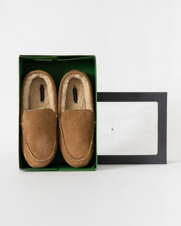 Tommy Hilfiger Suede Shirling Hilfiger Mens House Slippers in Beige 
