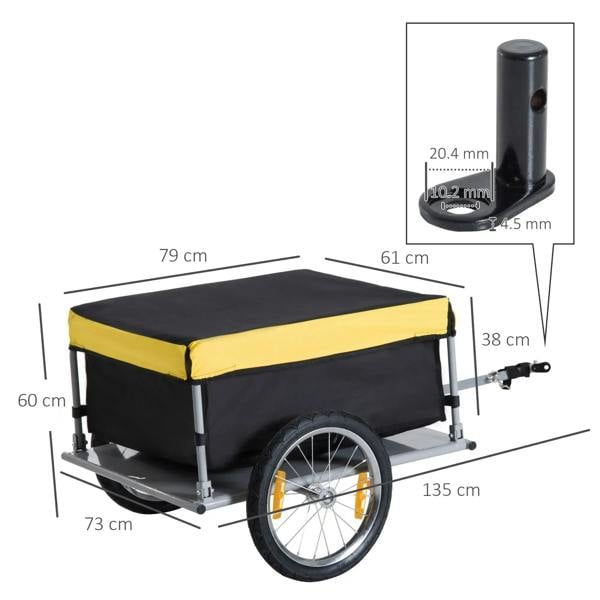 Two-wheel cargo trailer with yellow roof and black fabric cover, size-labeled diagram