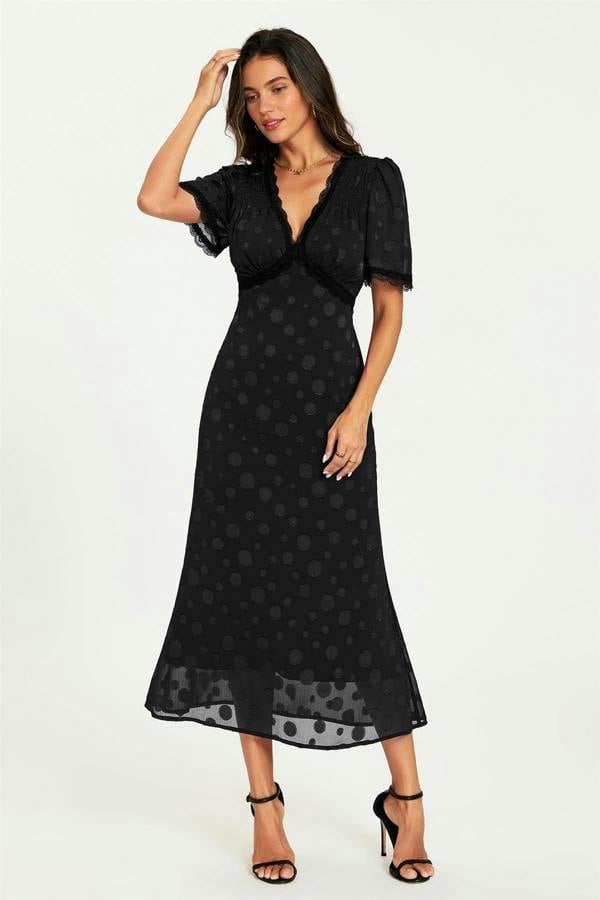 FS Collection Polka Dot Jacquard Lace Trim Midi Dress In Black