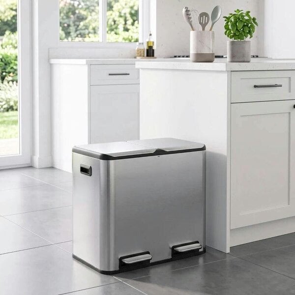 2 x 20L Double Kitchen Bin, Stainless Steel Pedal Rubbish Bin with Dual Compartments, Soft Close Lids, Silver Tone