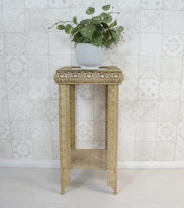 Downton Interiors Light Gold Embossed Metal Mirrored Glass Side Table with Shelf - Agadir Range