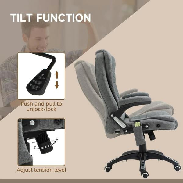 Grey tilt massage recliner chair with adjustable tension control and swivel caster base