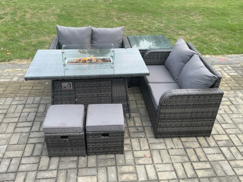 Fimous Rattan Garden Furniture Set with Gas Fire Pit Table 6 Pieces Outdoor Loveseat Sofa Set Dark Grey Mixed