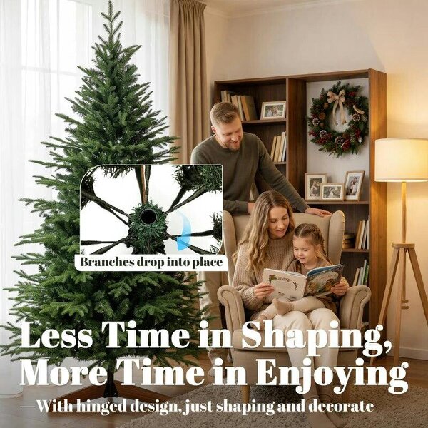 Bobobiy 7ft Artificial Christmas Tree Full Hinged Xmas Tree Solid Pine Wood Stand, Green