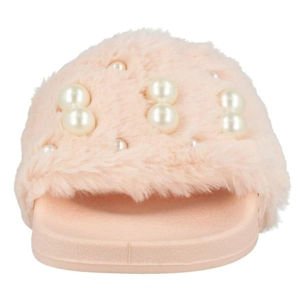 Spot On Ladies Spot On Pearl Trim Faux Fur Slider Style Sandals