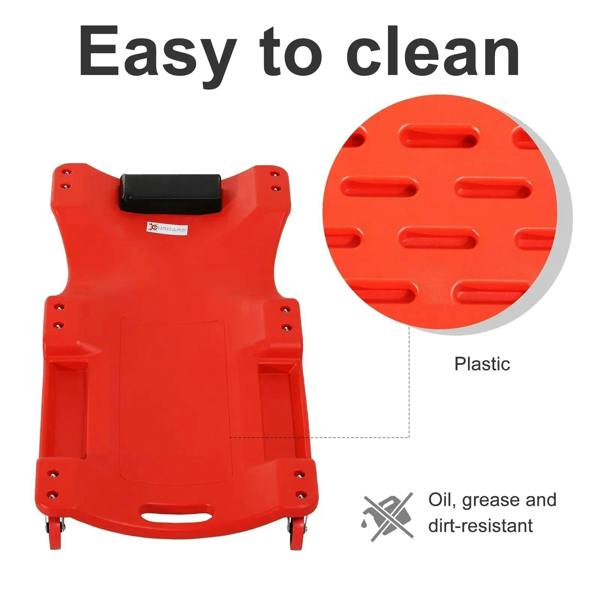 Red plastic mechanic creeper with black headrest pad, non-slip texture and caster mount points
