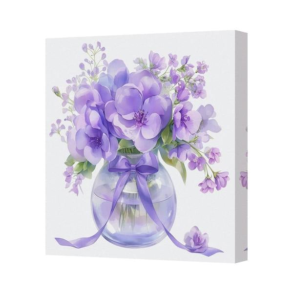 Benjamin Tate Design Purple Flower Bouquet Canvas Art Print In Vase On Deep Wooden Frame