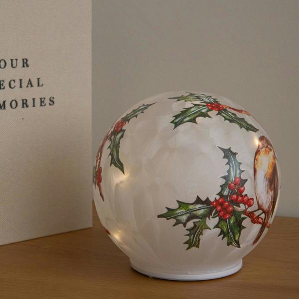 Samuel Alexander 15cm Light Up Christmas Robin Glass Ball with Warm White LEDs