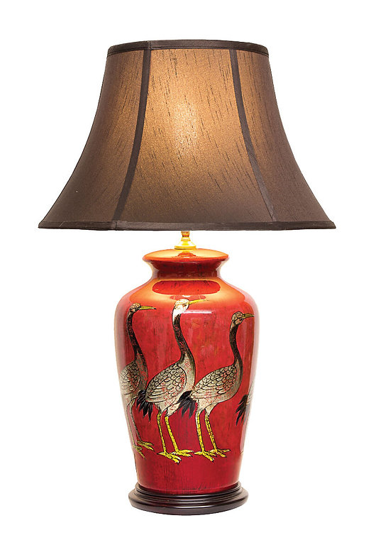 Downton Interiors Red Crane Oriental Chinese Ceramic Porcelain Table Lamp - Dark Shade