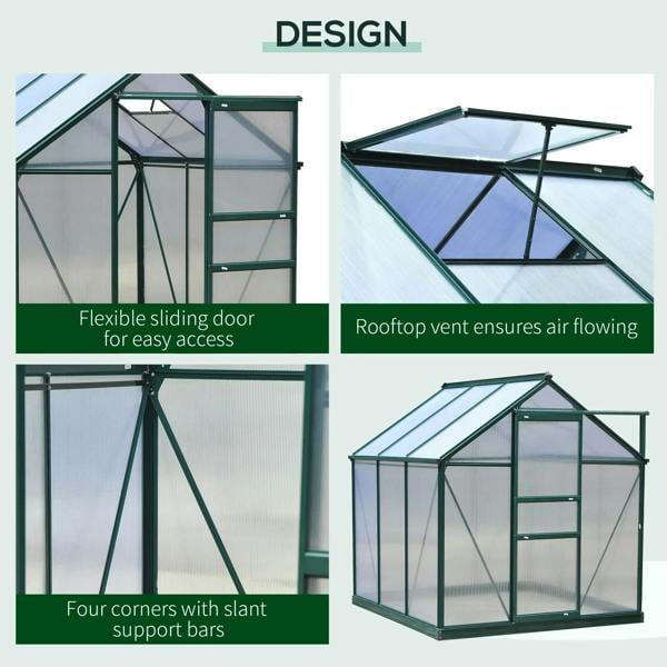 Dark green polycarbonate greenhouse with sliding door and roof vent openings