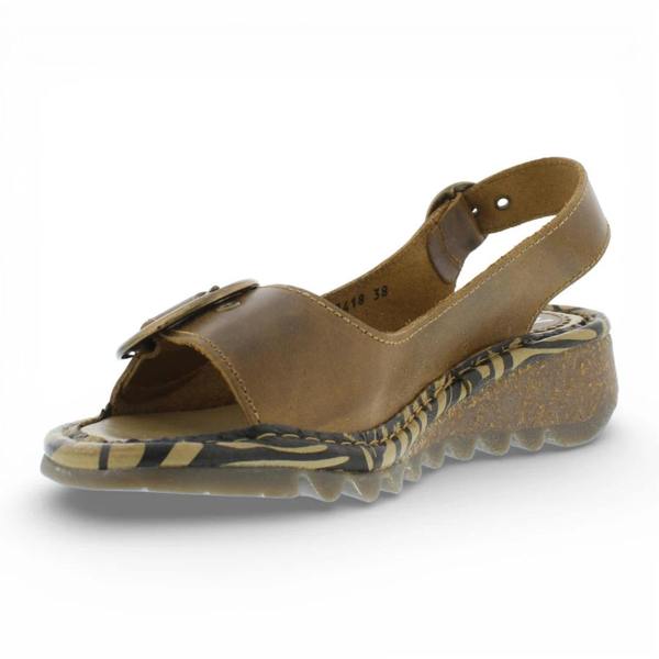 Fly London TRAM723FLY - Women’s Camel Brown Leather Wedge Sandals