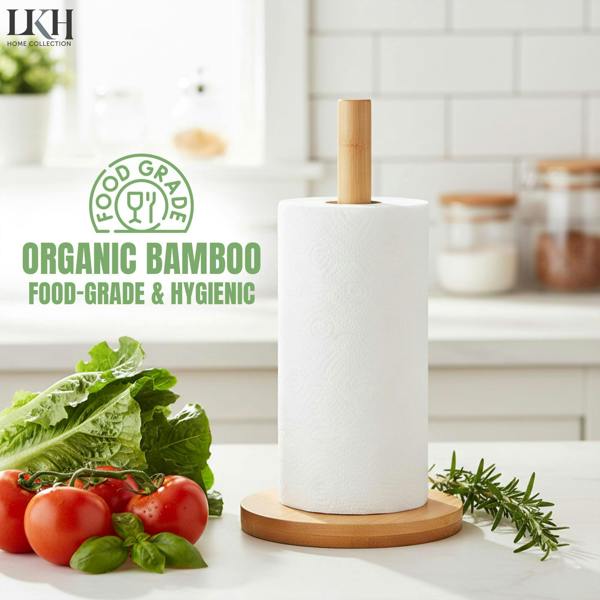 LKH HOME COLLECTION Bamboo Kitchen Roll Holder – Freestanding Paper Towel Holder with Sturdy Base - Organic Natural Bamboo Tissue Stand