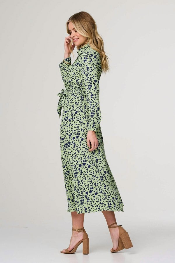 Green | Printed Long Sleeve Midi Shirt Dress

