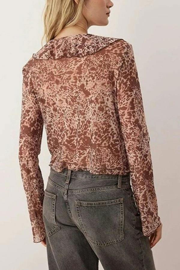 WOVCOR Animal Print Tulle Knit Blouse with Ruffled Tie Detail