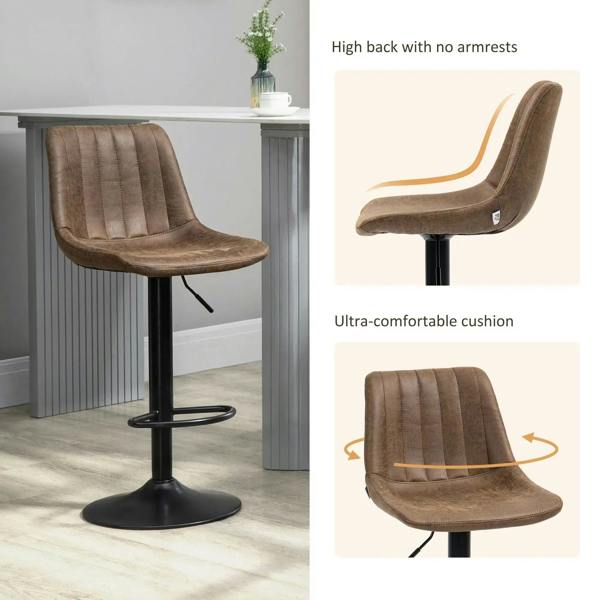 Brown high-back bar stool with cushioned seat, no armrests, black base and footrest.