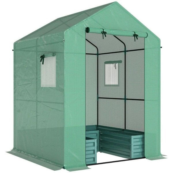 Bobobiy Small Greenhouse with Raised Garden Bed, Galvanised Walk-in Greenhouse with Roll Up Windows, 141 x 141 x 190 cm, Green