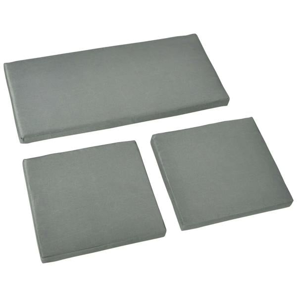 Dark grey outdoor seat cushion pads set of three, rectangular cushions with seams