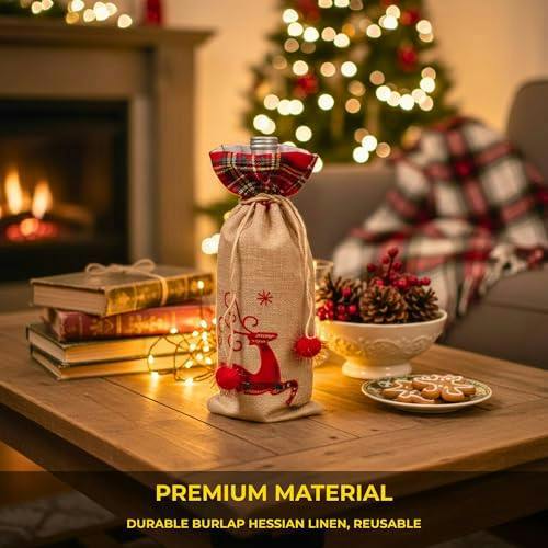 Size 15 x 35 cm Christmas Wine Bottle Cover Bag with Drawstring Reindeer Print for Festive Gift Display image 7