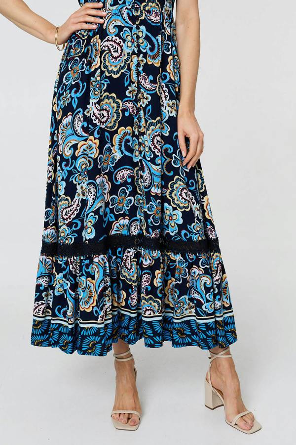 Blue | Floral Lace Trim Cap Sleeved Maxi Dress