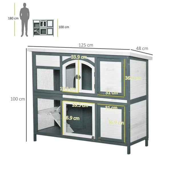 Grey 2-tier rabbit hutch layout with ramp, arched entrances, and front double doors