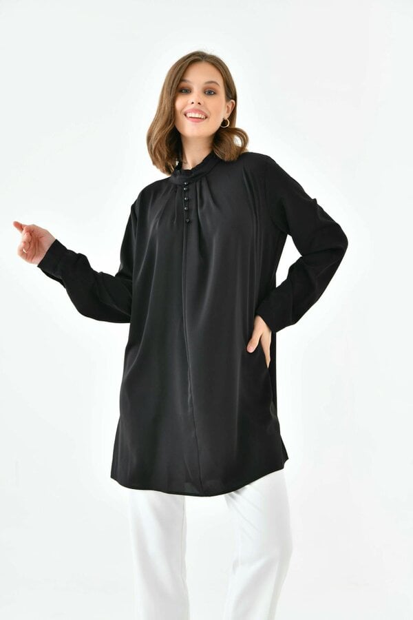 Hoxton Gal Oversized Long Sleeve Button Detailed Tunic Top in Black