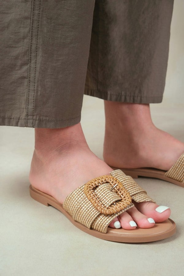 Where's That From Noon Slip on Flats With Raffia Detailing in Natural Faux Leather