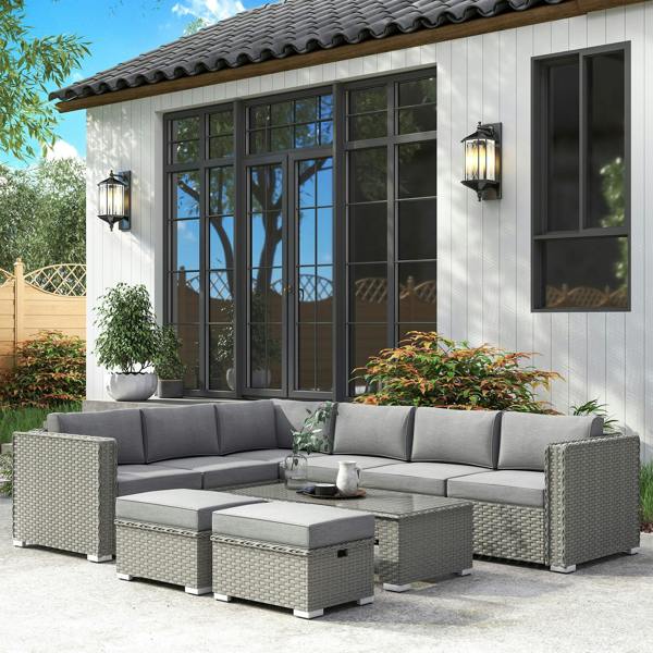 Wyld Haus Rava Faux Rattan Grey 8 Seater Corner Sofa Set With Glass Coffee Table And Footstools