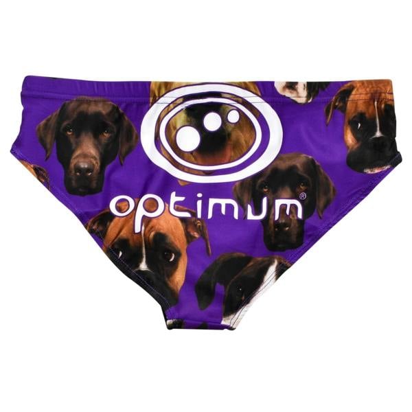 Purple Optimum Who Lets The Dogs Out tackle trunks with dog face print and white logo, flat lay - Optimum