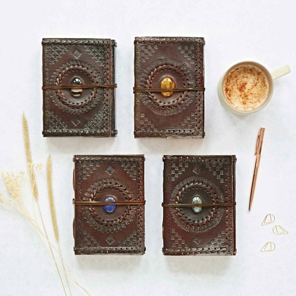 Paper High Indra Medium Embossed & Stitched Leather Journal with Semi-Precious Stone