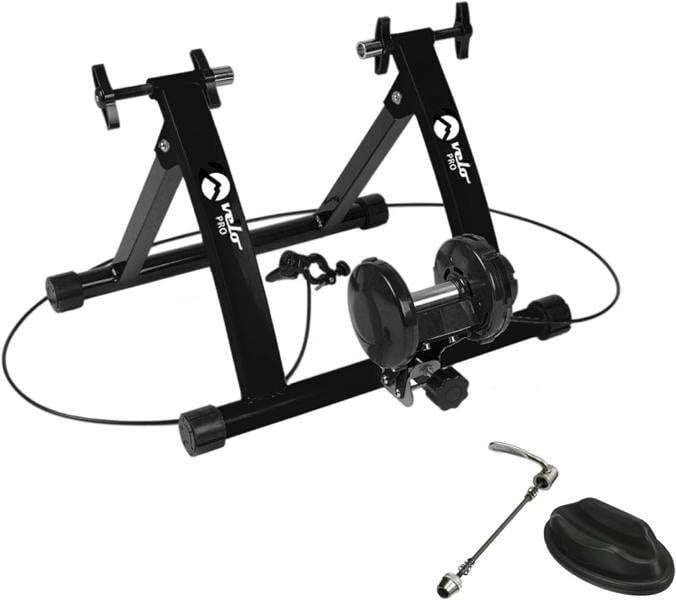 Velo Pro Black Magnetic Turbo Trainer features a sturdy black frame, adjustable resistance, and includes a quick-release skewer for easy setup