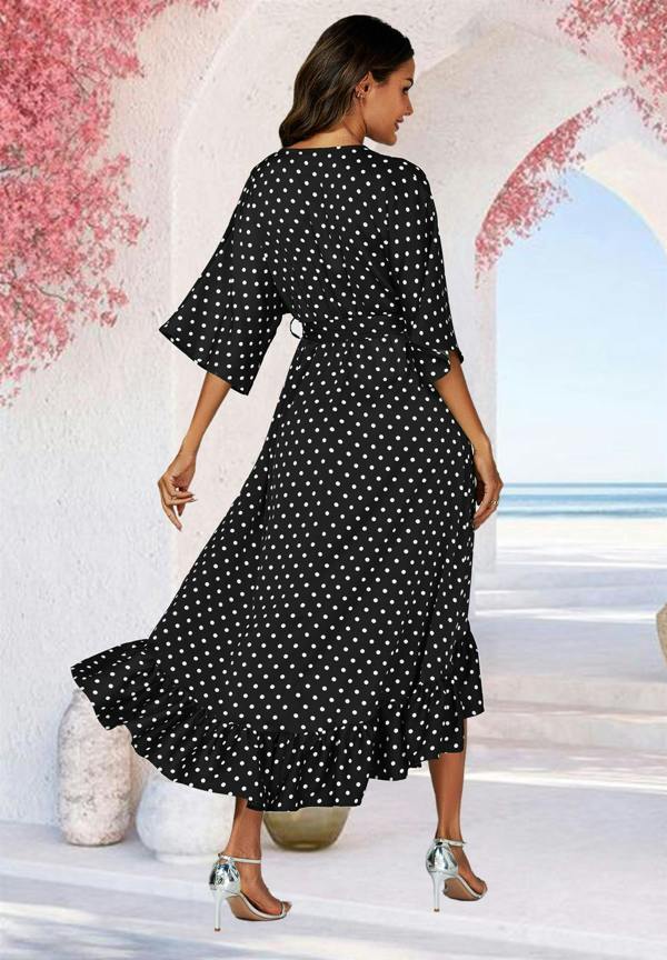 FS Collection Polka Dot Print Wrap Top Kimono Sleeve Maxi Dress In Black