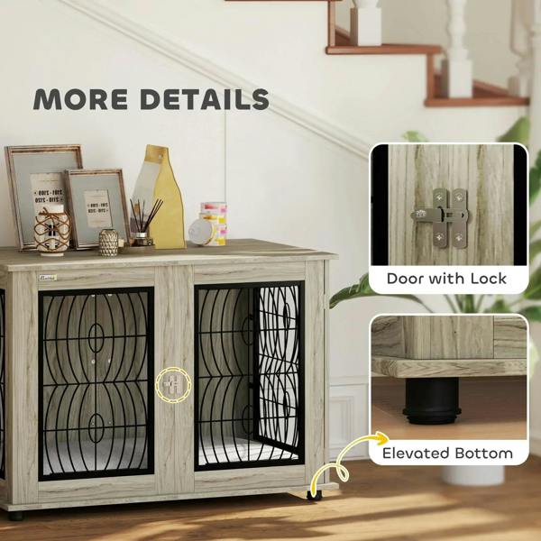 Grey dog crate furniture table with door latch lock detail on black wire door