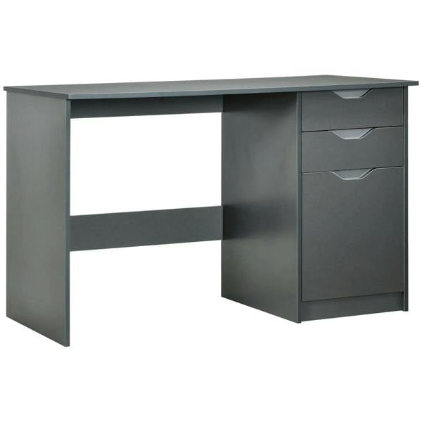 Grey computer desk with open shelf and two-drawer storage cabinet side
