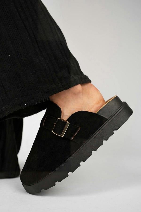 Serelina Chunky Sole Flat Slip-on Buckle Sliders - Camel