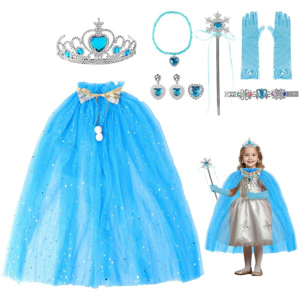 deAO Toys Princess Dress-Up Costume Set for Girls lncludes Cape, Crown, Wand, Necklace,Ring,Gloves, and Earrings