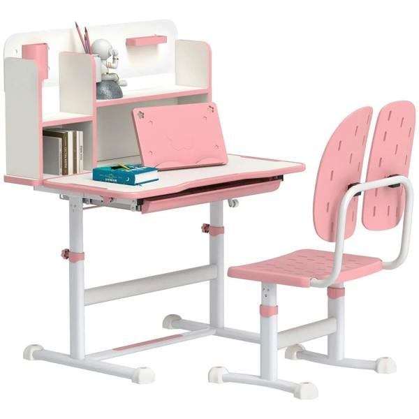 Pink height-adjustable kids desk and chair set with tiltable desktop and reading rack