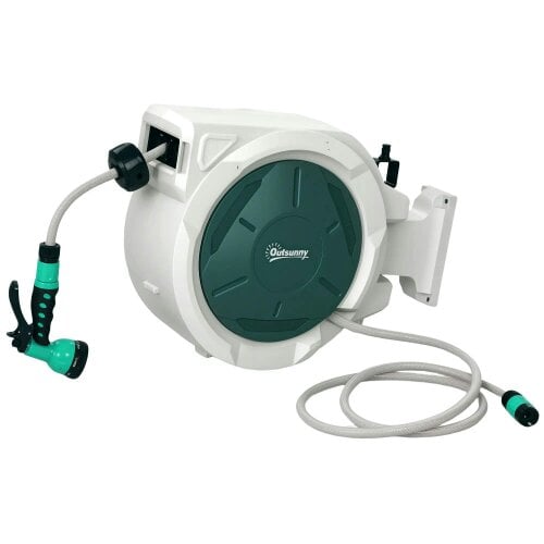 Bobobiy Retractable Hose Reel Wall Mounted, 20+2m Garden Hose Pipe Reel with Lock, 7 in 1 Spray Nozzle, 180° Swivel, 48 x 20 x 42 cm, Light Grey