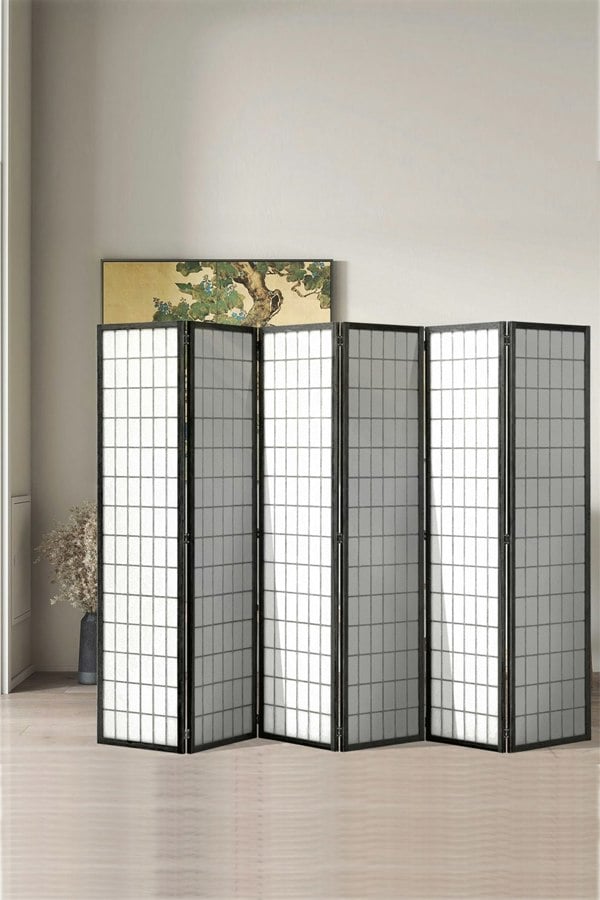 Living and Home 6-Panel Black Solid Wood Folding Room Divider Screen