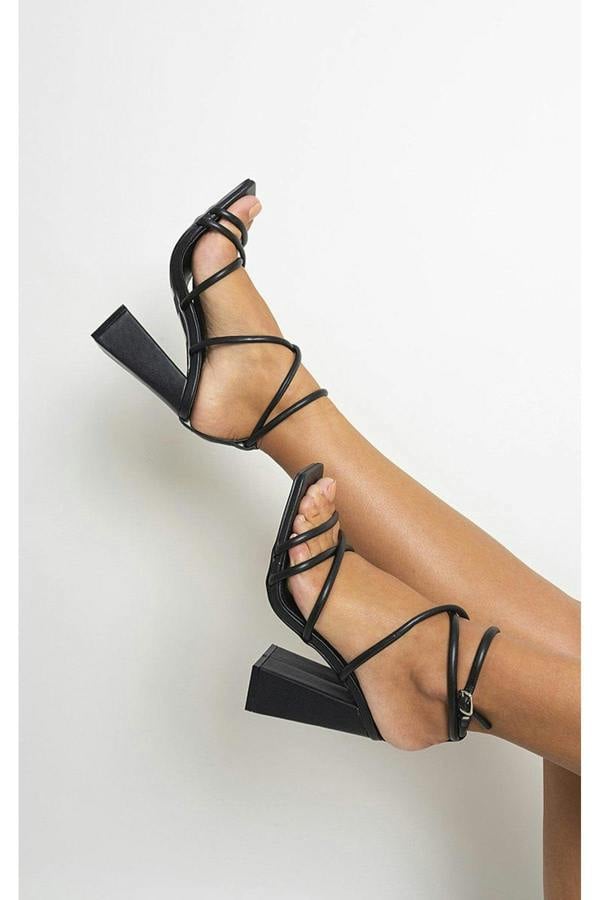 Michaela Strappy Ankle Block Heeled Sandals - Black