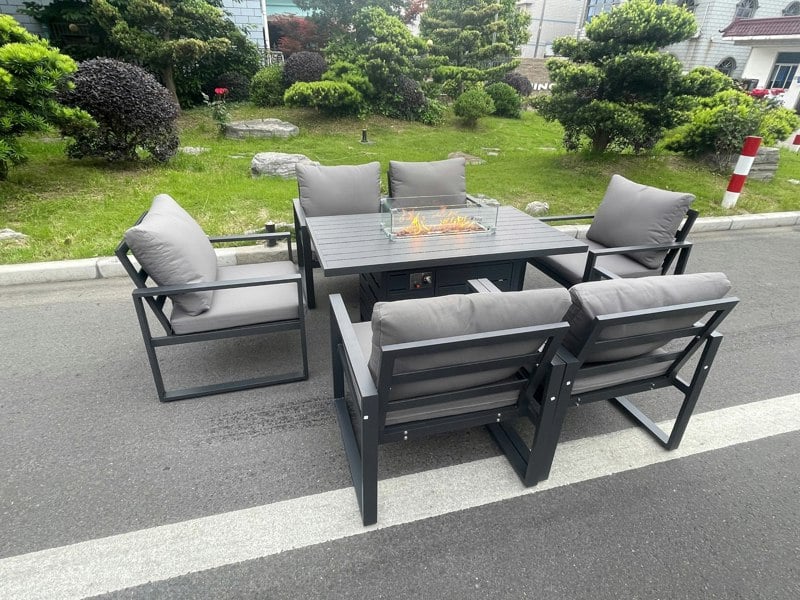 Fimous Aluminum Top 6 Seat Garden Furniture Dining Set Gas Fire Pit Table And Chairs Burner Heater Patio Outdoor Dark Grey