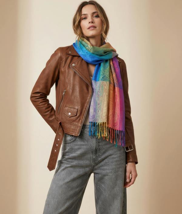 VIA MONTEN Women’s Gradient Pashmina Style Scarf, Oversized Jacquard Shawl Wrap with Fringe and Paisley Pattern