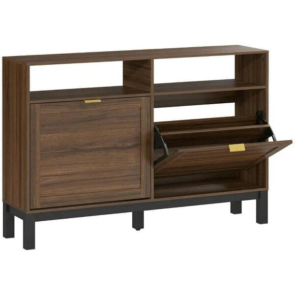 Bobobiy Shoe Cabinet with 2 Flip Drawers, Narrow Shoe Storage Top for Entryway Hallway, Rustic Brown