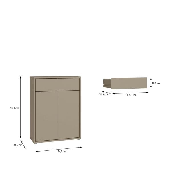 Furniture To Go Alice Springs Compact Shoe Cabinet with 2 Doors Push-to-Open & 1 Drawer Push-to-Open in Taupe