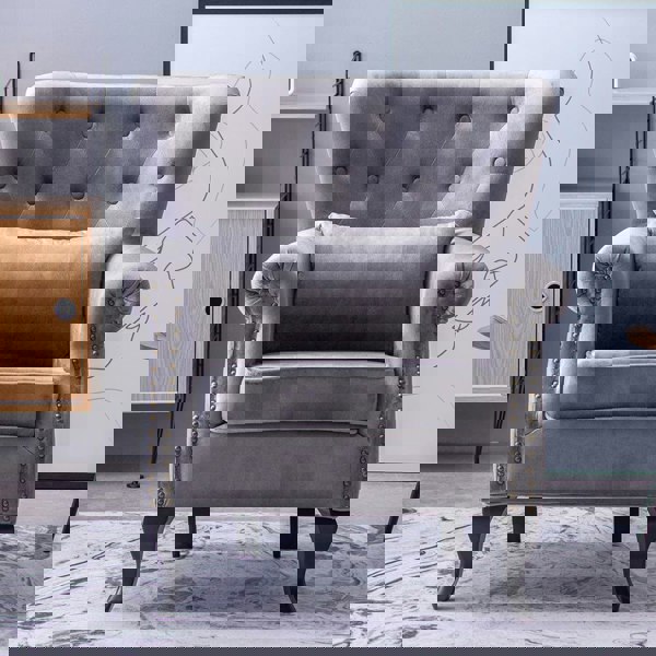 Grey Tufted Velvet Upholstered Wingback Chair with Pillow Wingback Chairs Living and Home