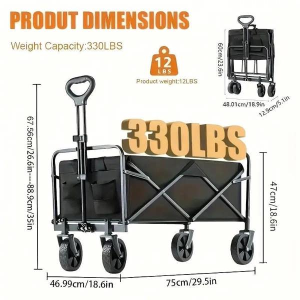 Dyzi Foldable Heavy-Duty Silent Utility Wagon Adjustable Handle Garden Cart