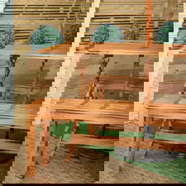 Samuel Alexander Outdoor 4 Person Rectangular Wooden Garden Dining Table, 2 Benches with Green Parasol and Base Set