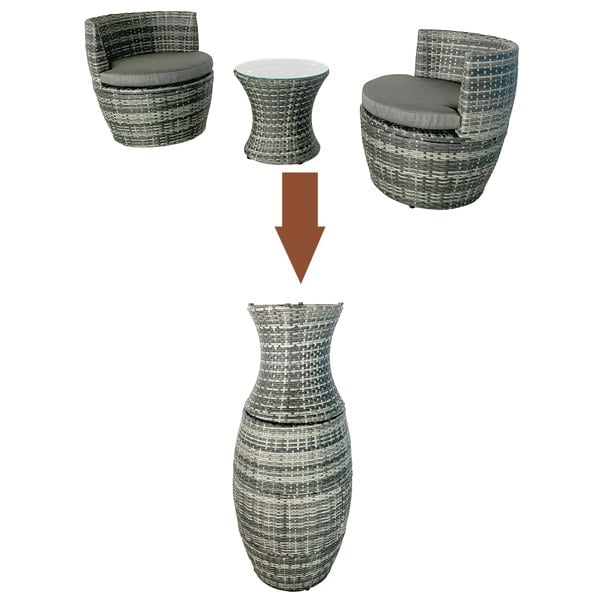 Furniture One 3-piece Outdoor Rattan Bistro Set with Cushion and Glass Top Coffee Table, 2 Seater Garden Vase Chair Table and Chair Set - Gray